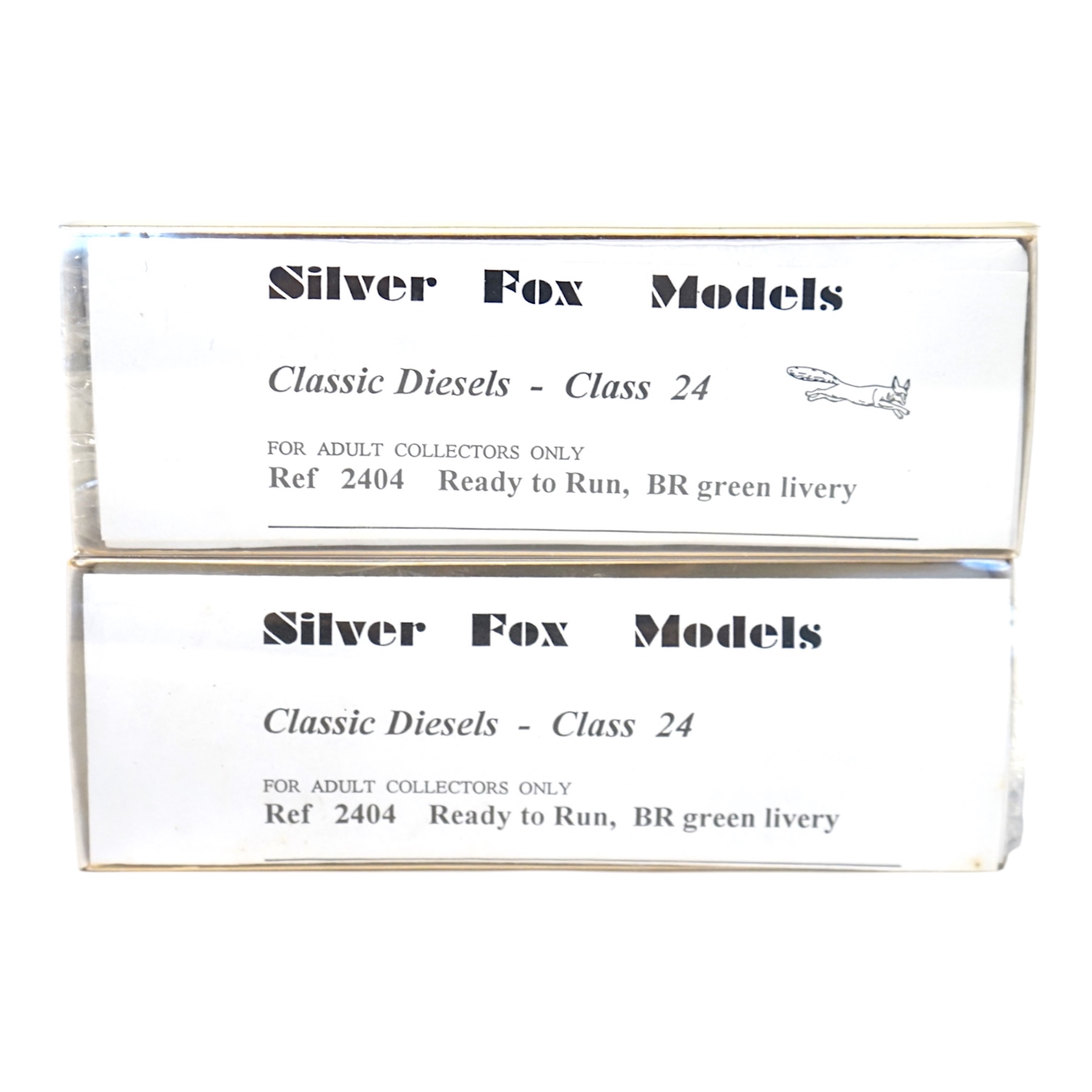 Two boxed Silver Fox Models N gauge BR Class 24 Bo-Bo diesel locomotives in dark green livery, D5078 and D5113. Condition - good.